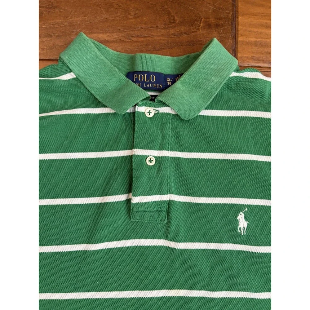Polo Ralph Lauren Shirt Mens XL Green White Striped Short Sleeve White Pony Logo